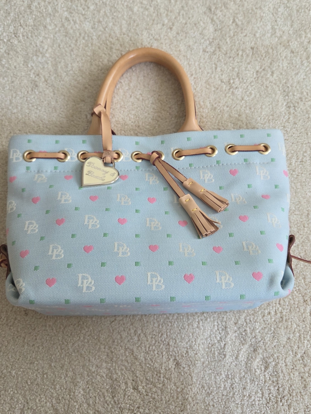 Dooney & Bourke Light Blue Heart-Print Satchel with Tan Handles